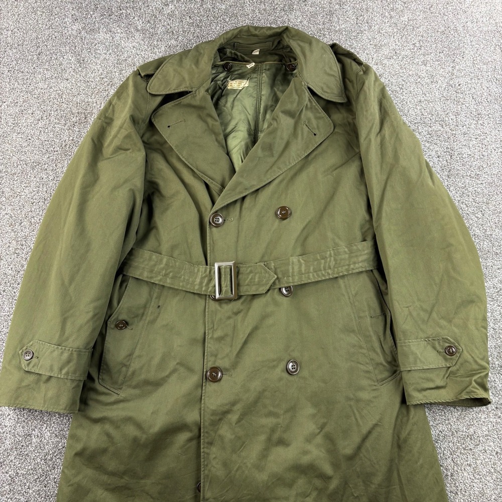 Vintage US Army OG 107 Overcoat Mens Medium Long Green Cotton Wool Liner 1953